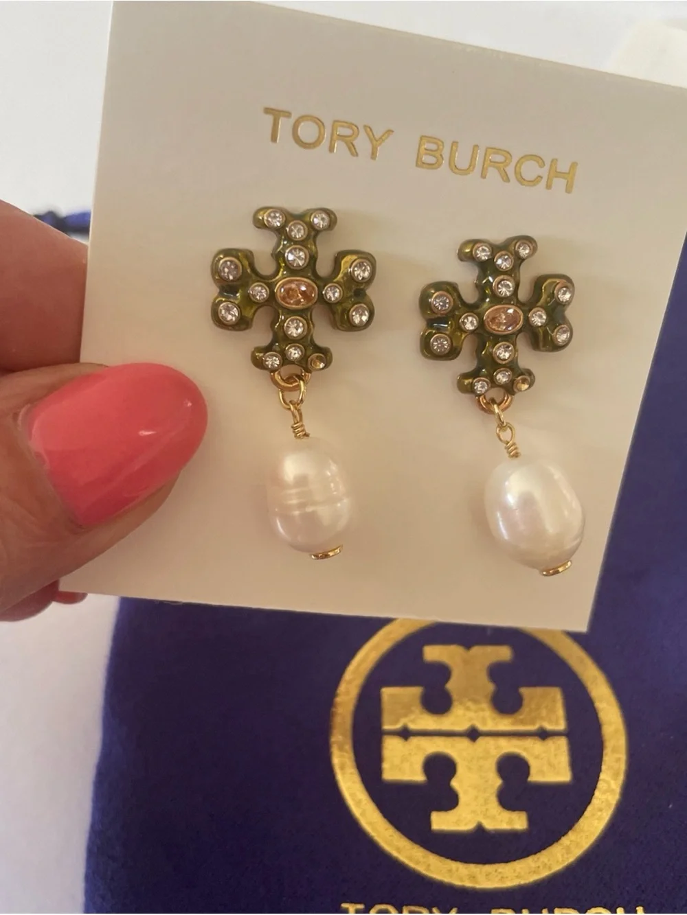 Tory Burch Gold Crystal Floral Earrings with White Pearl Drops